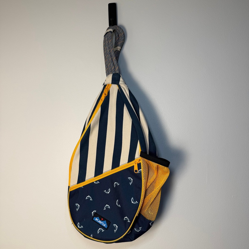 KAVU Paxton Pack Rope Sling Bag Navy Stripe Fish Print Yellow Crossbody Bag‎